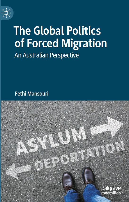 The cover of a book with the title 'The Global Politics of Forced Migration' above an image of someone standing at a crossroads, one labelled 'Asylum' and the other 'Deportation'