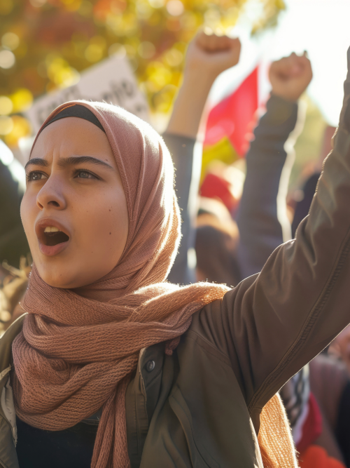 A woman wearing a peach coloured hijab and a lighter pink top, sitting on the sand at the beach in bright daylight. We see her from the back, facing the waves.