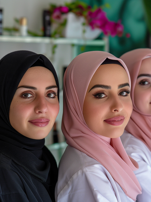 A woman wearing a peach coloured hijab and a lighter pink top, sitting on the sand at the beach in bright daylight. We see her from the back, facing the waves.