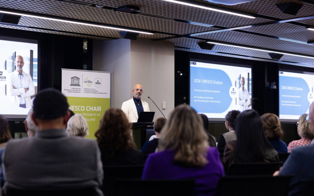 The audience listening to the UNESCO Chair Oration 2024 Mr Giridharan Sivaraman on Racism.