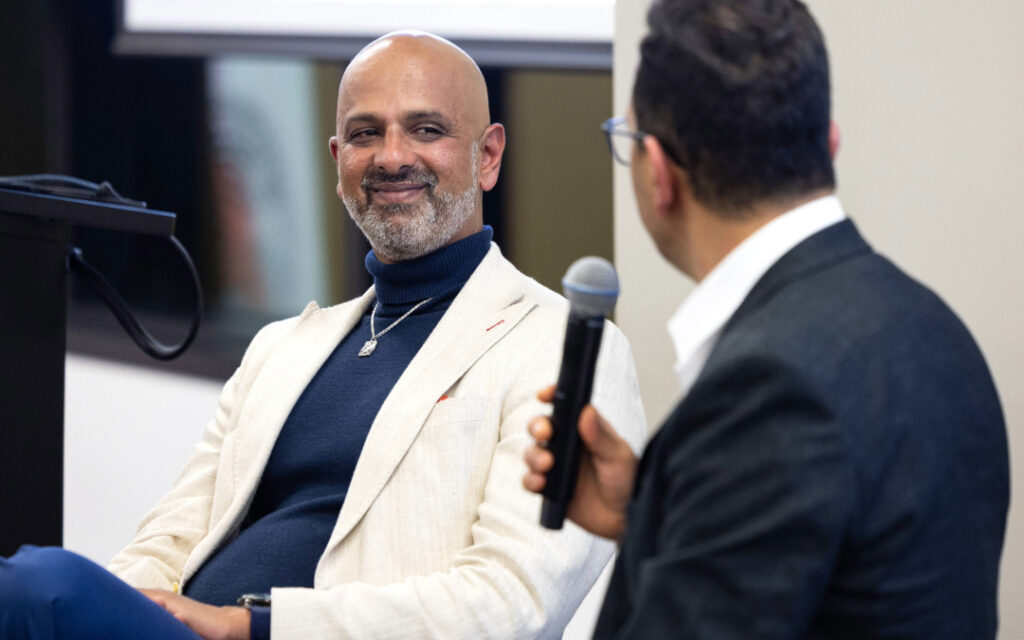 Giridharan being interviewed by Fethi Mansouri during the Q and A after the UNESCO Chair Oration 2024 on Racism.