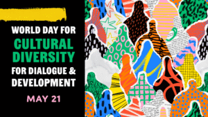 a collage of different patterns and colours torn into the rough outline of people and layered over each other, to represent World Day for Cultural Diversity Dialogue and Development