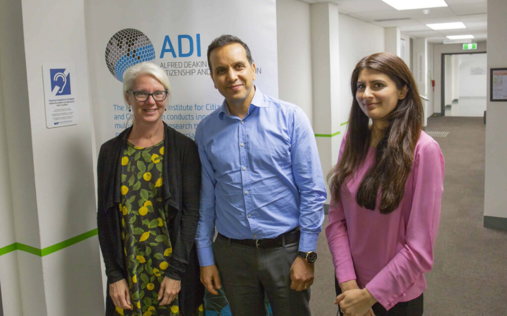 Professors Fethi Mansouri, Lori Beaman and Serena Hussein at the Migrant Youth Symposium 2019