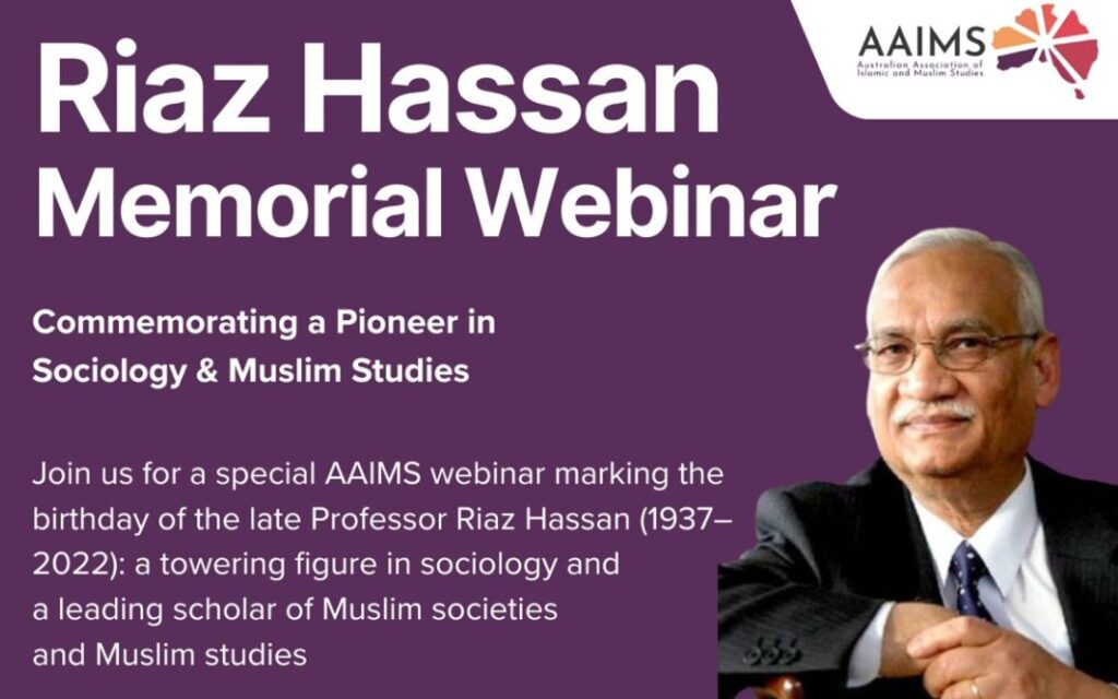 Riaz Hassan Memorial Webinar tile featuring an image of the late Emeritus Professor