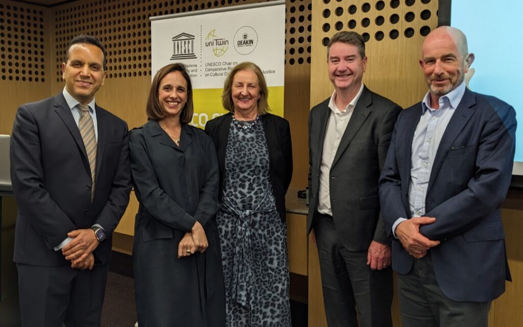 Professor Fethi Mansouri with Daniela Gavshon and Deakin University VIPs at the UNESCO Chair Oration 2025